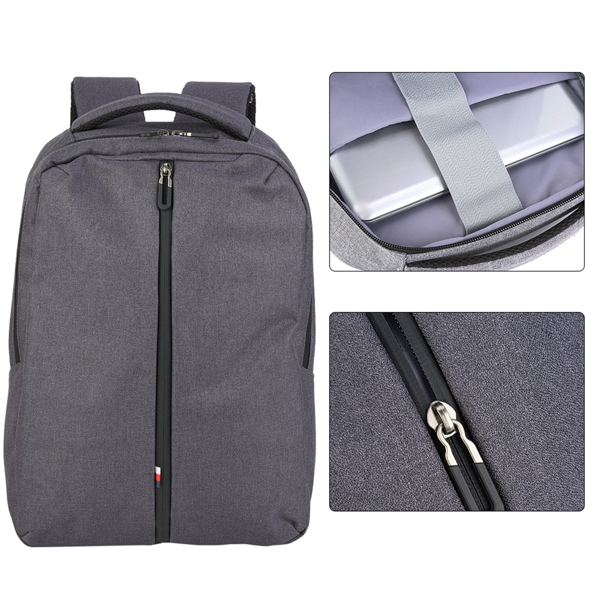 Grauer Rucksack mit Laptopfach, Frontreißverschluss. Nahaufnahme zeigt Reißverschluss und Innenraum.