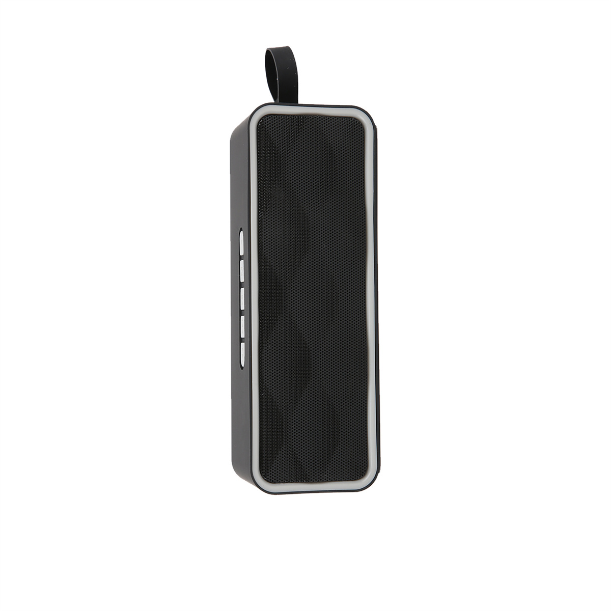 Ein kleiner schwarzer und grauer Bluetooth-Lautsprecher mit weißen Tasten, Aufhängeschlaufe und Lautsprechergitter.