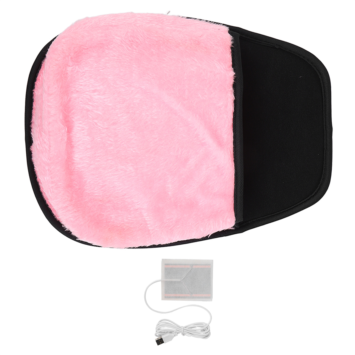 Rosa flauschiges Heizkissen mit schwarzem Rand und Kabel mit USB-Anschluss.