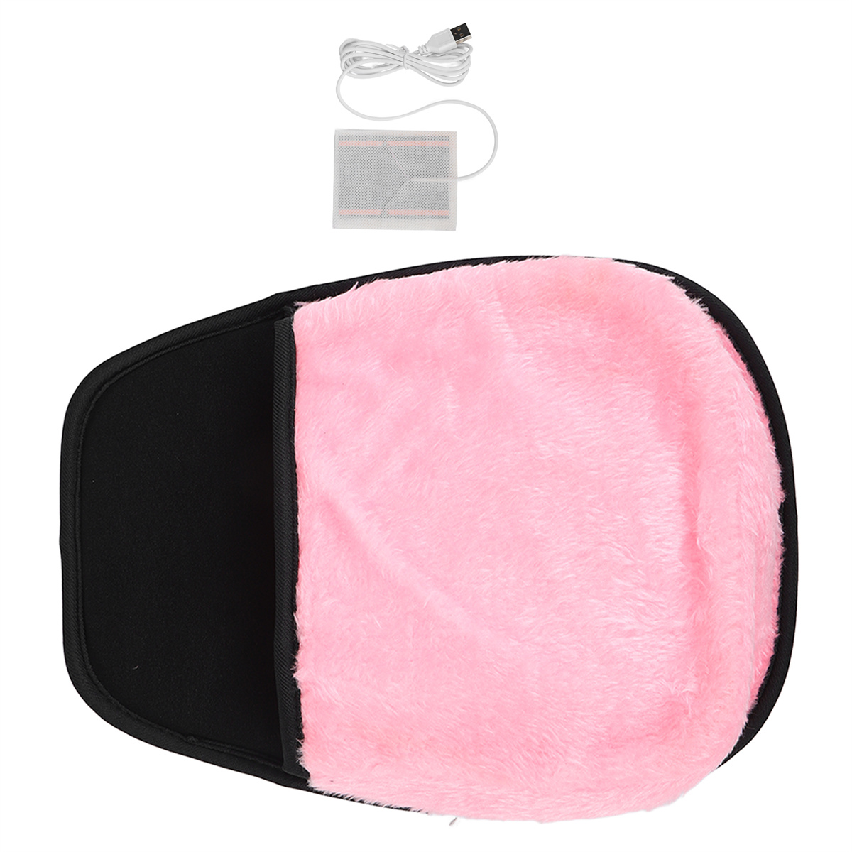 Rosa Heizkissen mit schwarzem Rand und USB-Kabel.