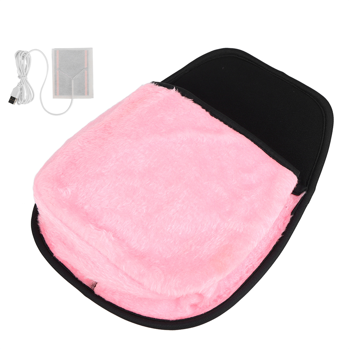 Beheizter Fußwärmer in Rosa mit USB-Kabel und Bedienfeld. Schwarze Verkleidung.