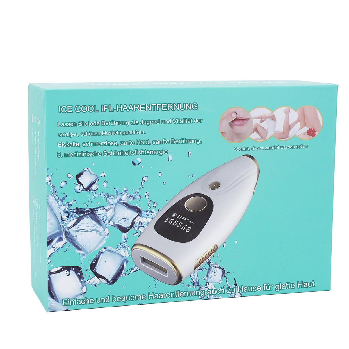 Box für ein IPL-Haarentfernungsgerät. Die Box ist blau und zeigt das Gerät mit Eiswürfeln.