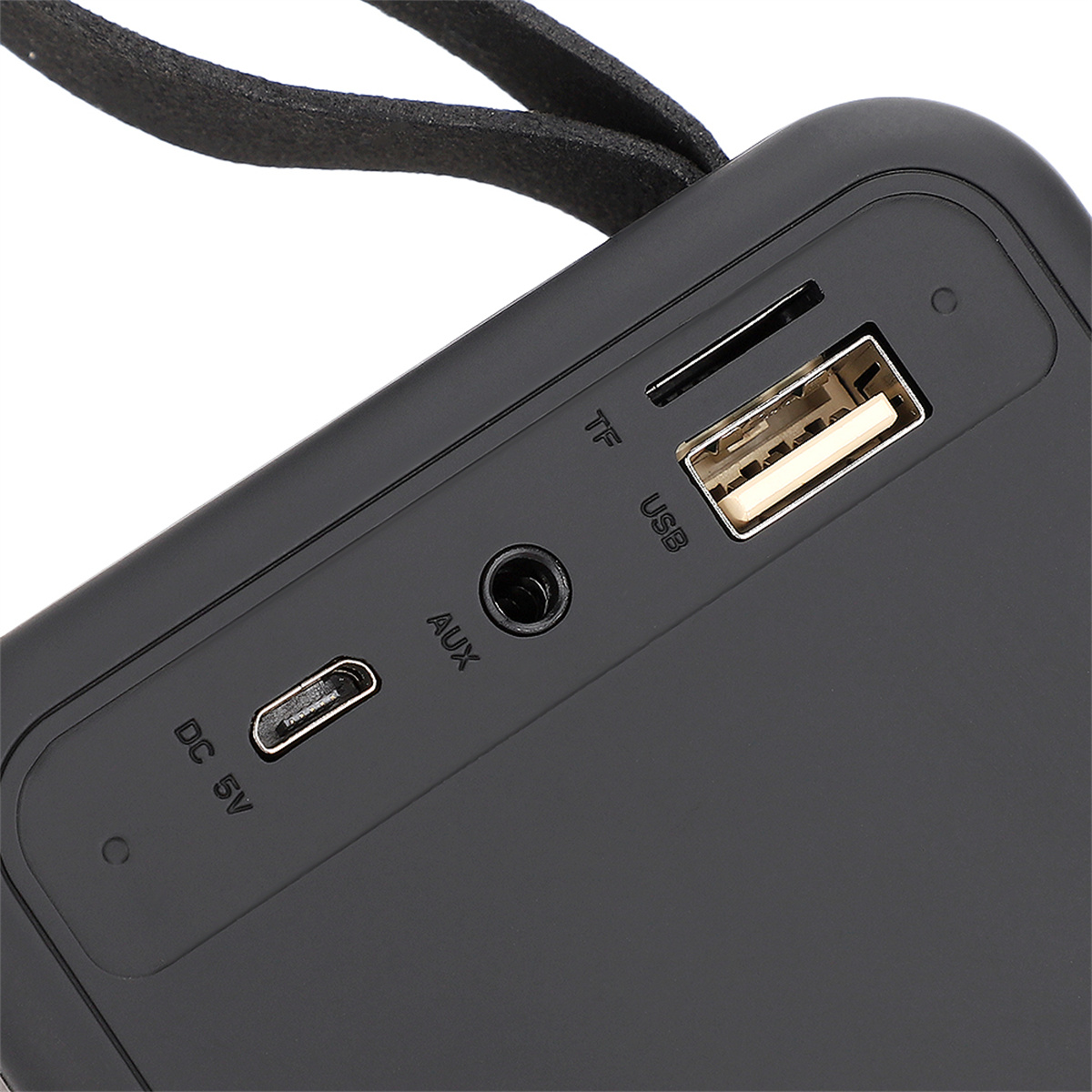 Schwarzer Lautsprecher mit Anschlüssen: USB, AUX, TF und DC 5V für Strom.