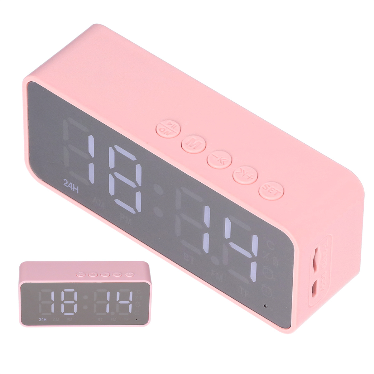 Pinker digitaler Wecker mit Zeitanzeige. Eine kleinere Uhr ist ebenfalls sichtbar.
