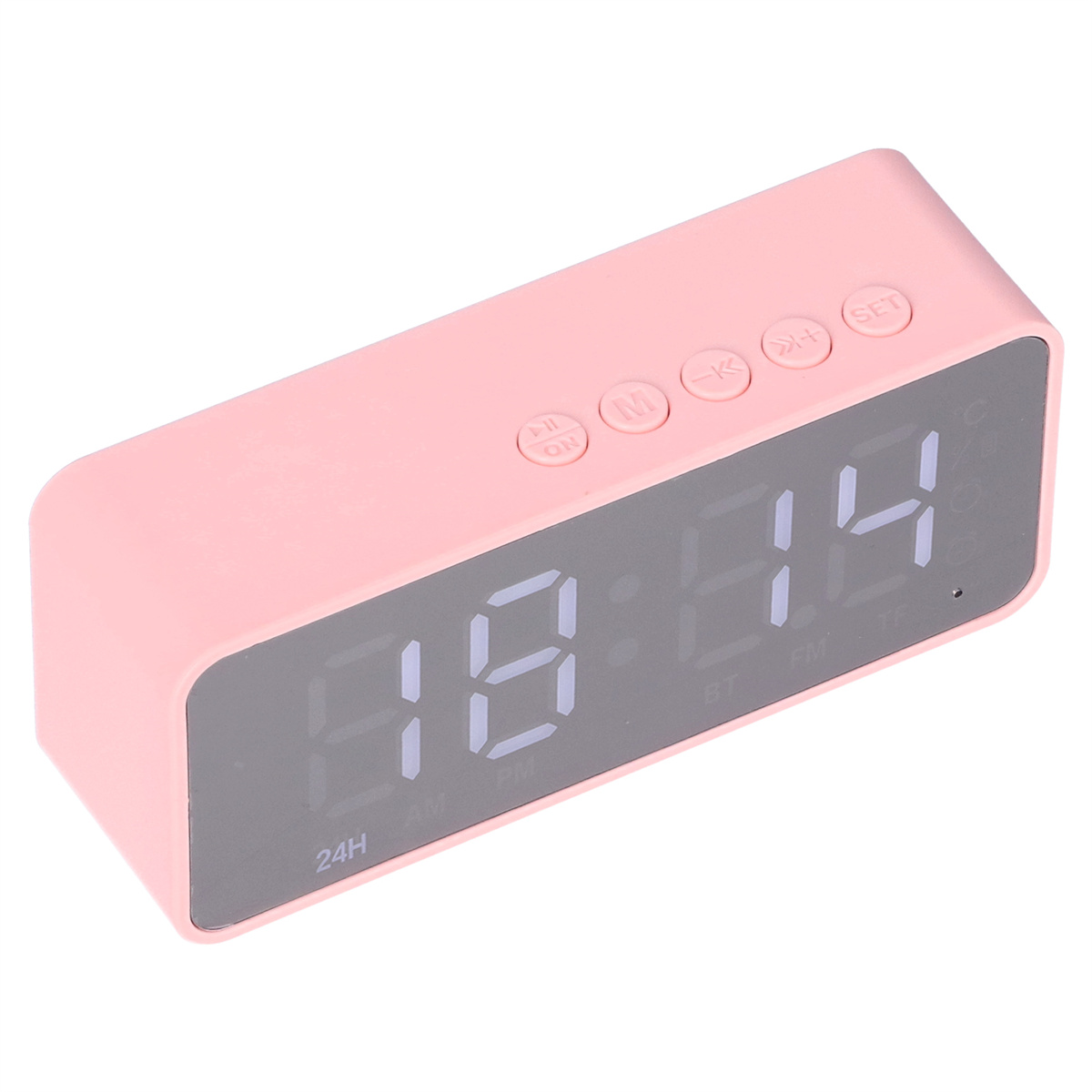 Ein rosa digitaler Wecker, der die Uhrzeit anzeigt, mit Knöpfen oben.