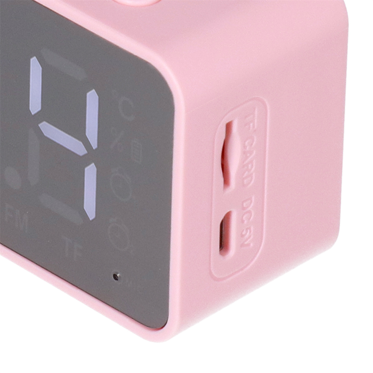 Eine rosa Digitaluhr mit der Zahl '4' und einer Anzeige mit anderen Symbolen. Ein TF CARD-Steckplatz ist sichtbar.
