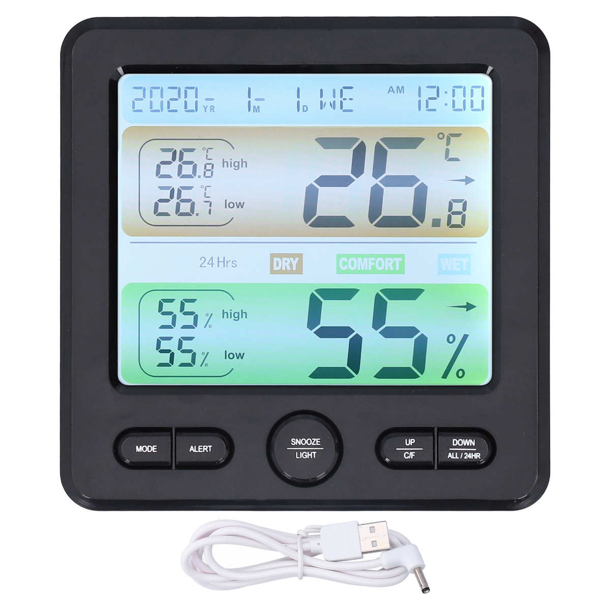 Schwarzes Digitalthermometer, das Temperatur und Luftfeuchtigkeit anzeigt. Weißes USB-Kabel.