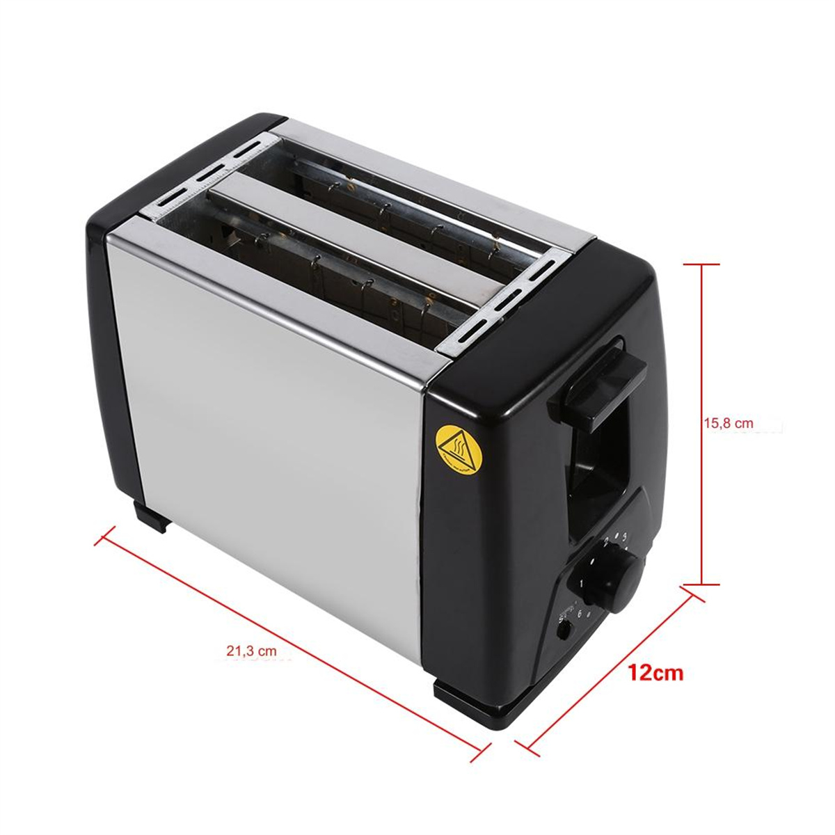 Silber-schwarzer Toaster mit Maßangaben. Schwarze Basis mit Bedienelementen.