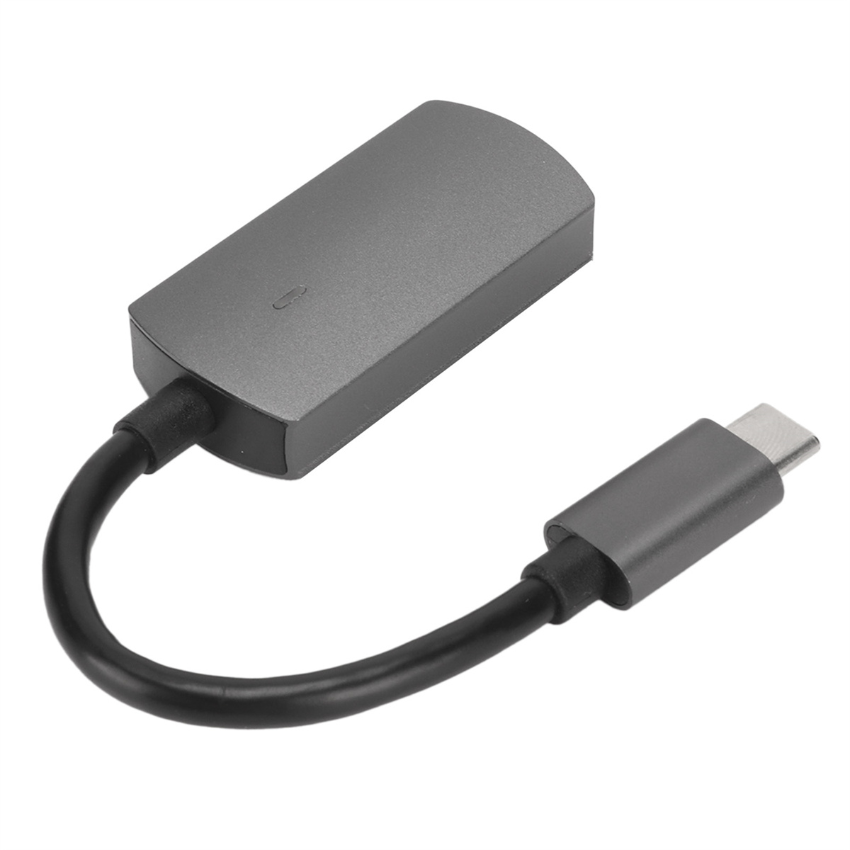 Ein grauer USB-C-Adapter mit einem schwarzen Kabel, das mit einem grauen Gerät verbunden ist. Weißer Hintergrund.