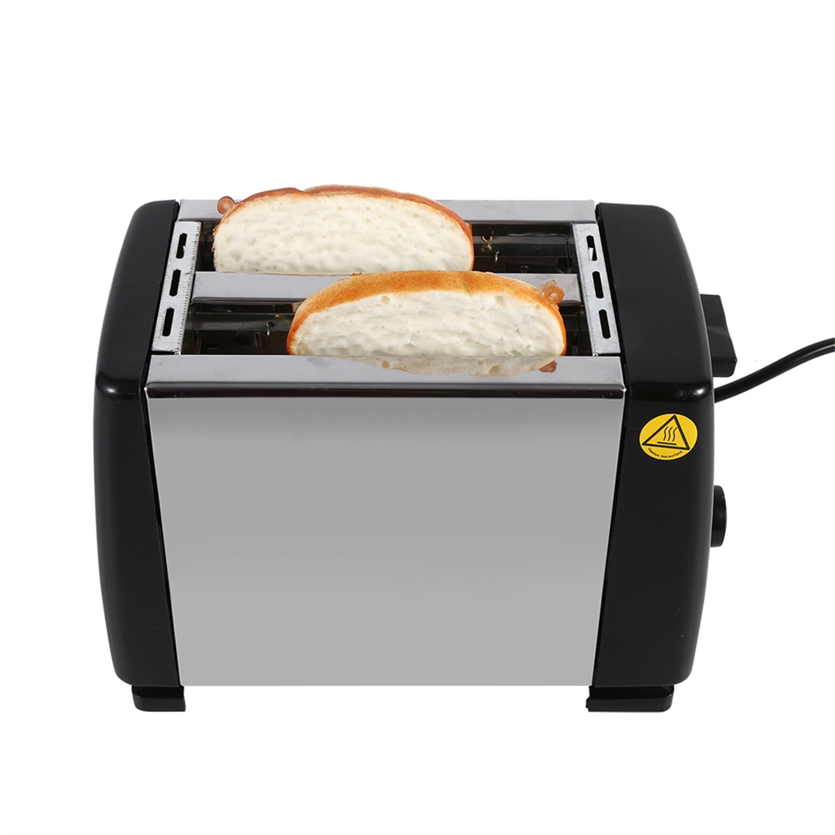 Ein silberner und schwarzer Toaster mit zwei Toastscheiben, mit einem Warnaufkleber.