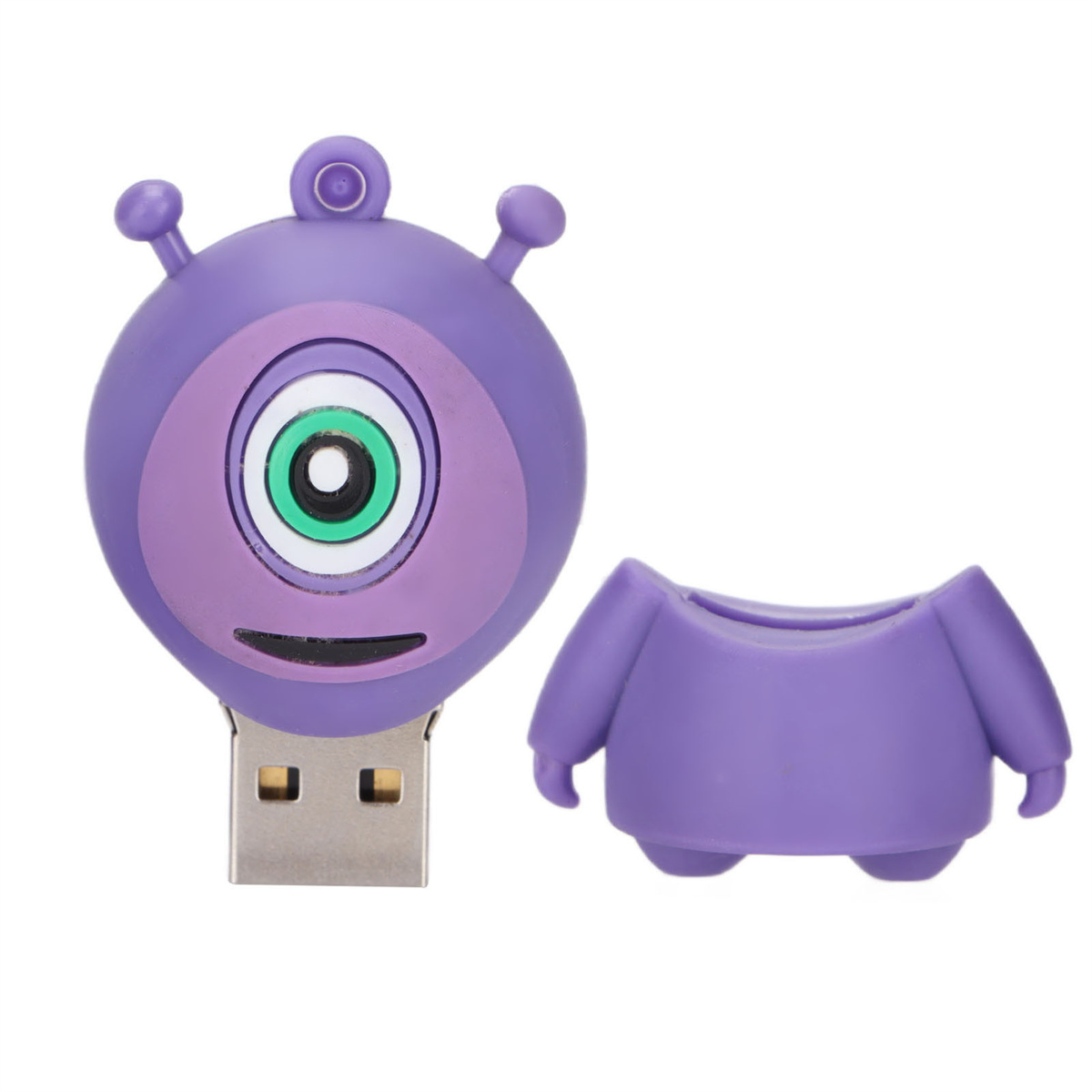 Ein lila, außerirdisch geformter USB-Stick und sein abgetrennter lila Körper.