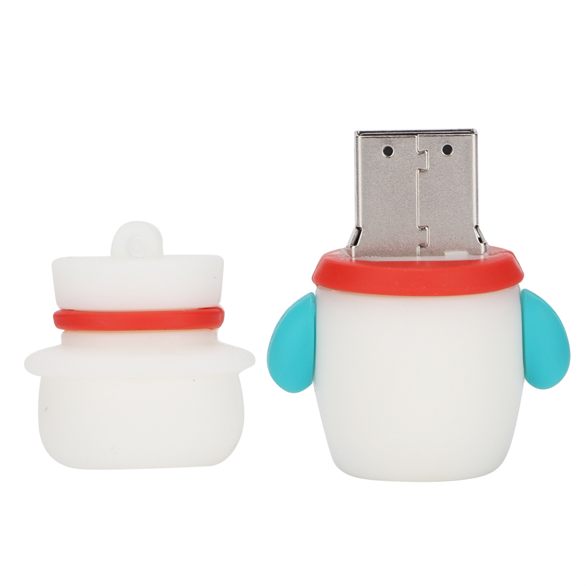 Zwei weiße USB-Laufwerke in Form einer Babyflasche und eines Schneemanns, mit roten und blauen Akzenten.