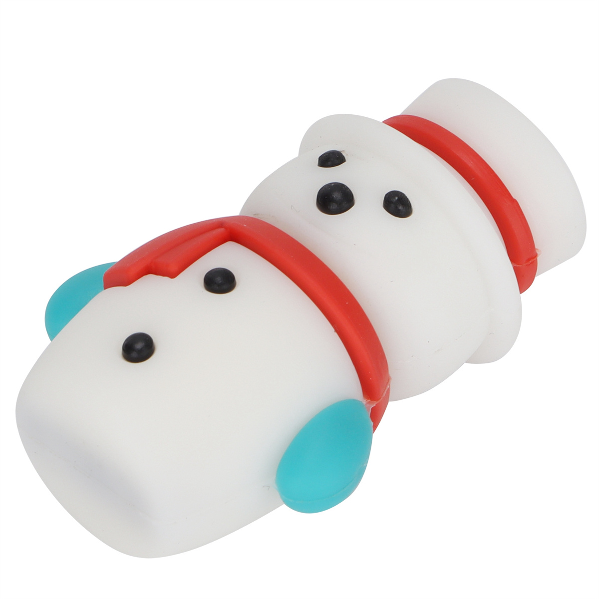 Ein schneemannförmiger Radiergummi mit schwarzen Punkten als Augen und roten und blauen Accessoires.
