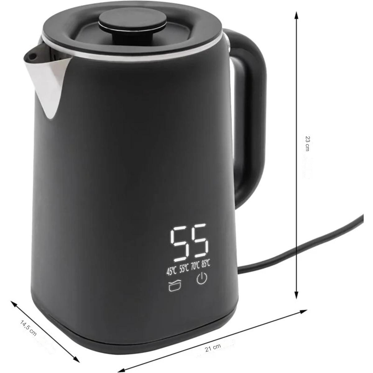 Ein schwarzer elektrischer Wasserkocher mit Temperaturanzeige. Abmessungen sind angegeben.