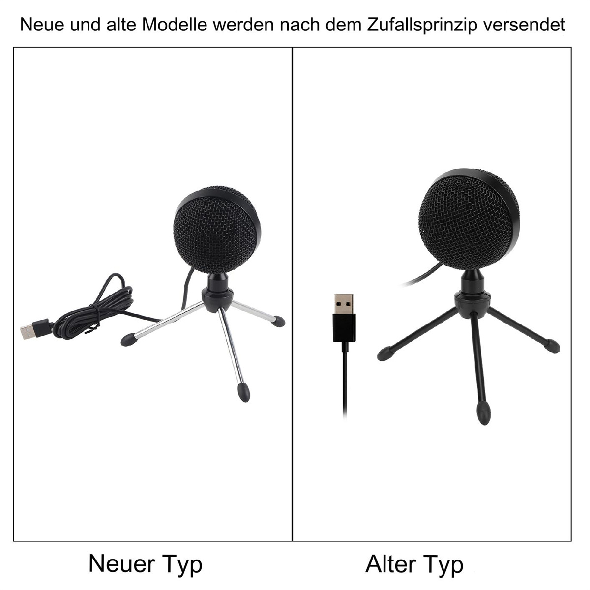 Zwei Mikrofone auf Ständern. Eines mit USB-Kabel, das andere mit USB-Anschluss. Text auf Deutsch.