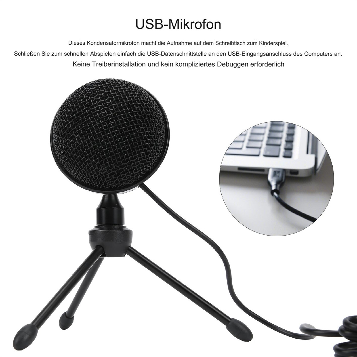 Ein schwarzes USB-Mikrofon auf einem Stativ mit Laptop und Kabel, darüber deutscher Text.