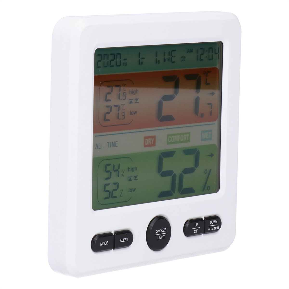 Ein weißes digitales Thermometer zeigt Temperatur und Luftfeuchtigkeit an. Unter dem Bildschirm befinden sich Knöpfe.