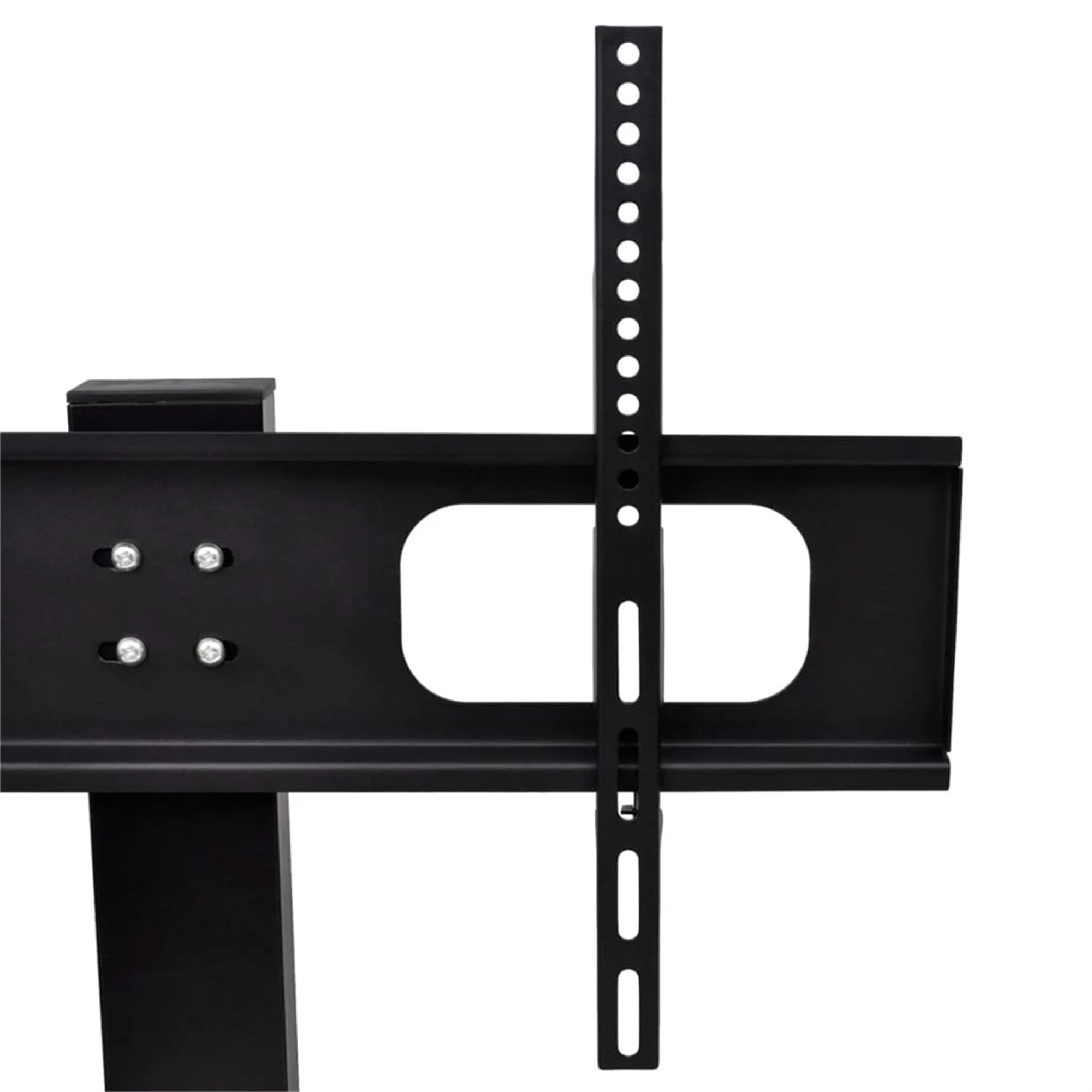 Schwarze TV-Ständerhalterung aus Metall. Vertikale Stange mit Löchern. Vier Schrauben. Weißer Hintergrund.