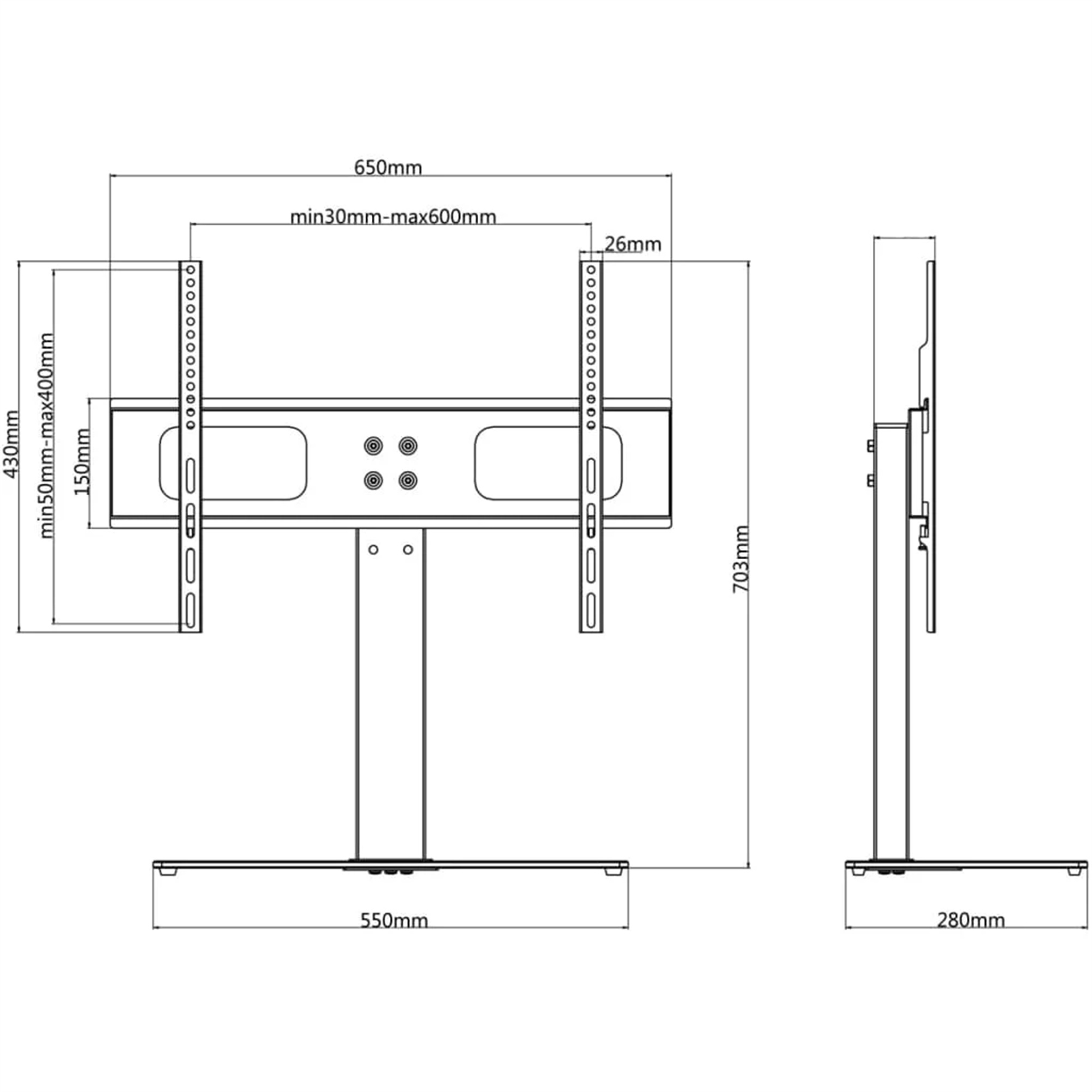 Diagramm eines TV-Ständers mit Maßen. Zeigt die Abmessungen und das Layout des Ständers.