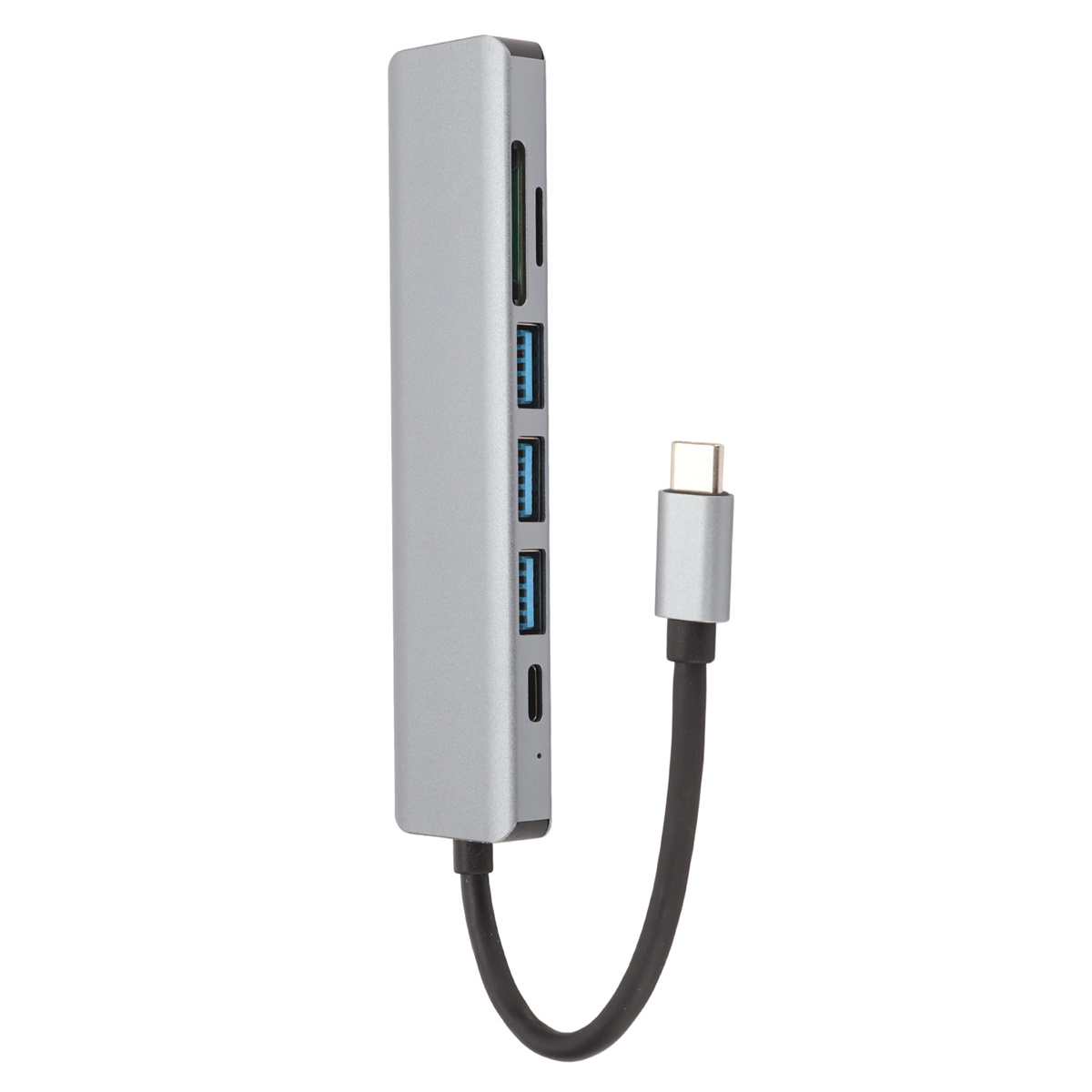 USB-Hub mit mehreren Anschlüssen. Enthält USB, SD-Kartensteckplatz und einen USB-C-Anschluss, alles silberfarben.