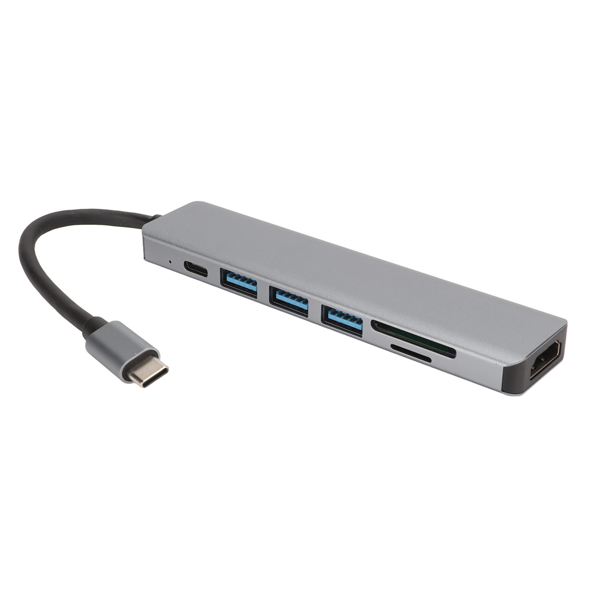 Ein grauer USB-Hub mit mehreren Anschlüssen, darunter USB, HDMI und SD-Kartensteckplätze, mit einem schwarzen Kabel.