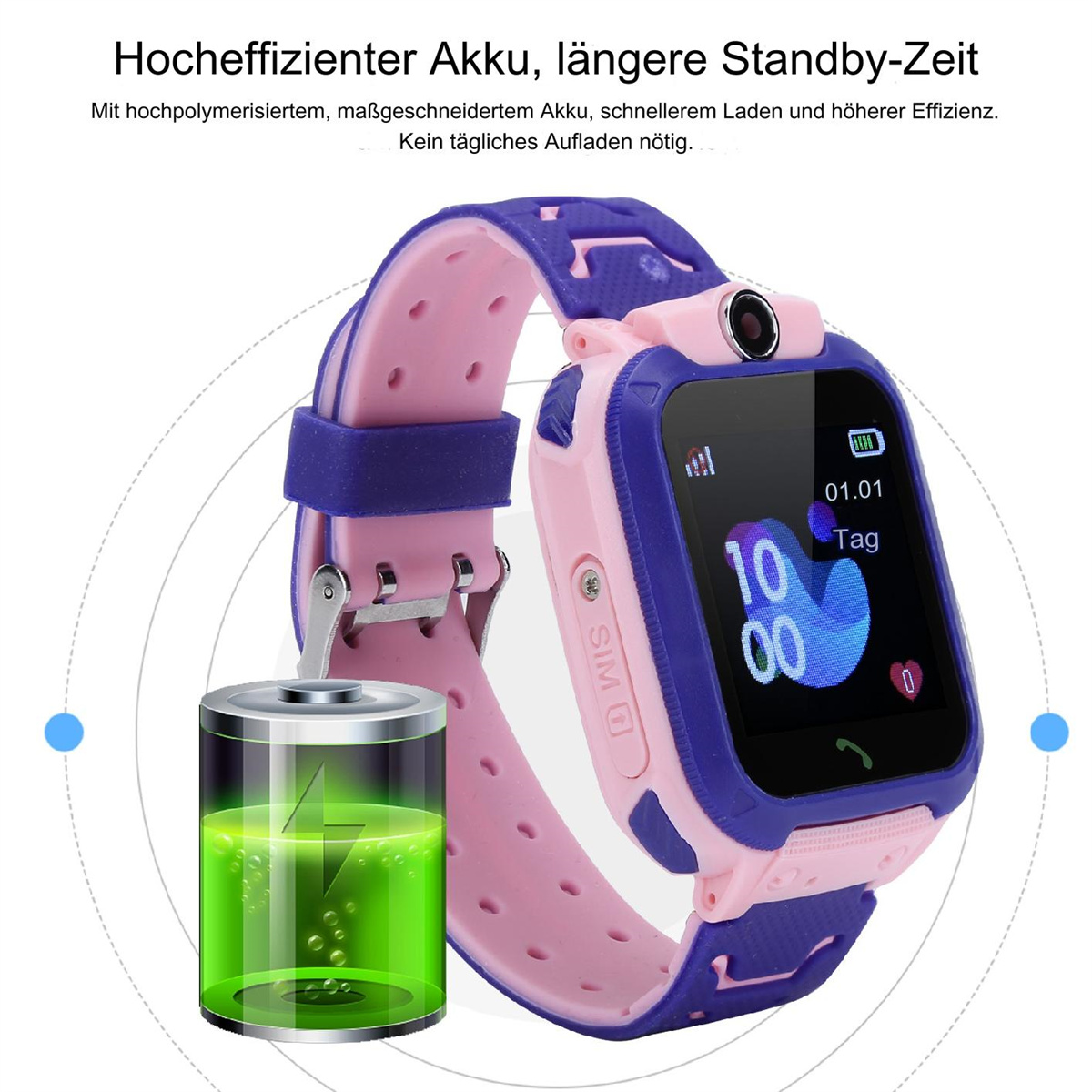 Eine pinke und blaue Smartwatch mit Digitalanzeige und grünem Akkusymbol, mit Text.
