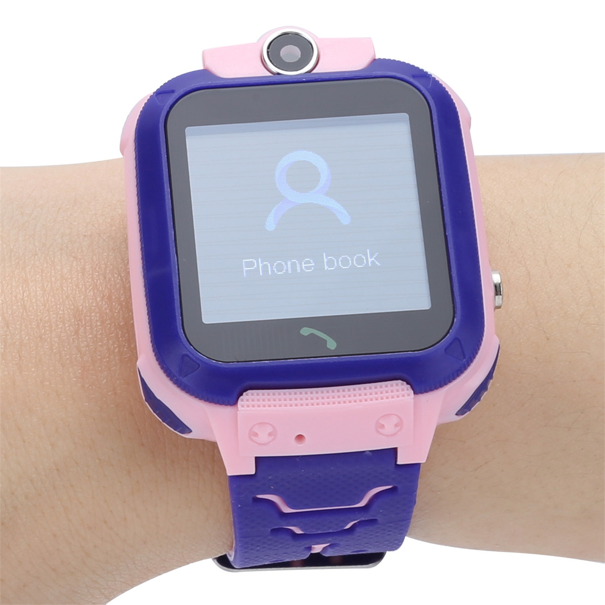 Eine rosa-blaue Smartwatch an einem Handgelenk, die ein Telefonbuchsymbol mit dem Text 'Phone book' anzeigt.
