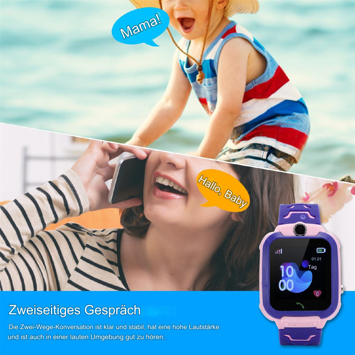 Junge mit Uhr sagt 'Mama', Frau am Telefon sagt 'Hallo, Baby', Uhr rechts.