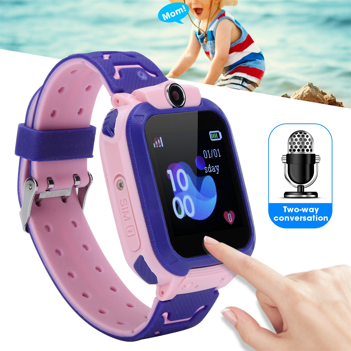 Rosa-lila Smartwatch für Kinder. Im Hintergrund ist ein Kind am Strand.