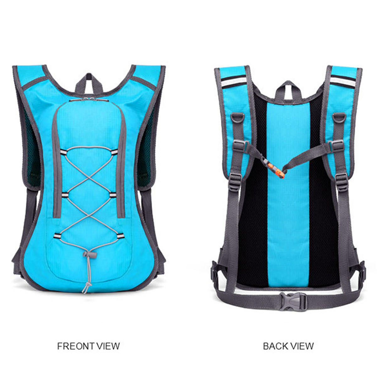 Blaue Rucksack Vorder- und Rückansicht. Er hat graue Träger und ein Trinksystem.
