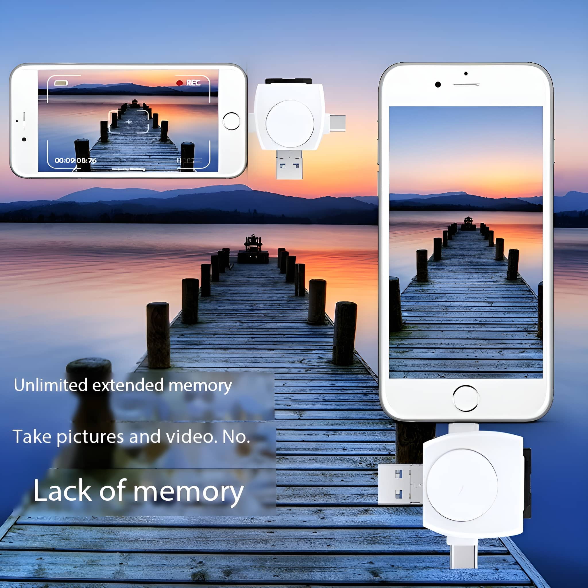 Zwei Telefone, eines nimmt ein Video von einem Pier auf. Das andere Telefon ist mit einem Adapter verbunden. Text auf dem Bild.