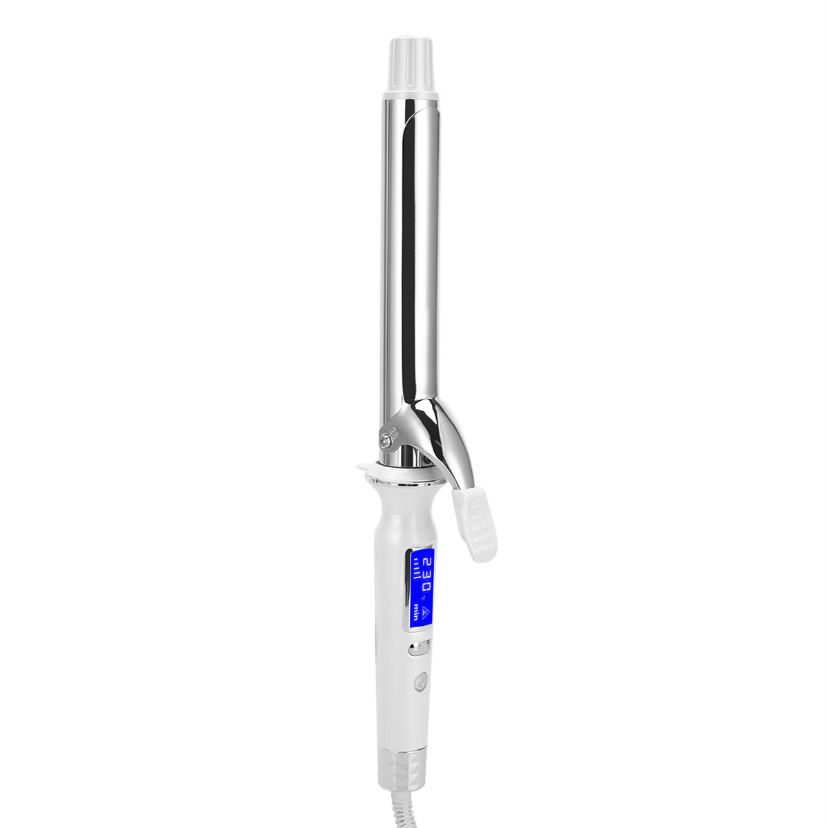 Ein silbernes und weißes Lockenstab mit digitaler Anzeige und blauem Licht.