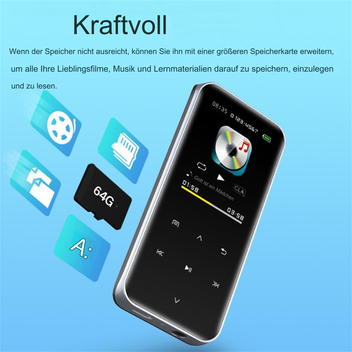 Ein tragbarer schwarzer Musikplayer mit einem Bildschirm, der Musikinformationen anzeigt. SD-Karten werden gezeigt.