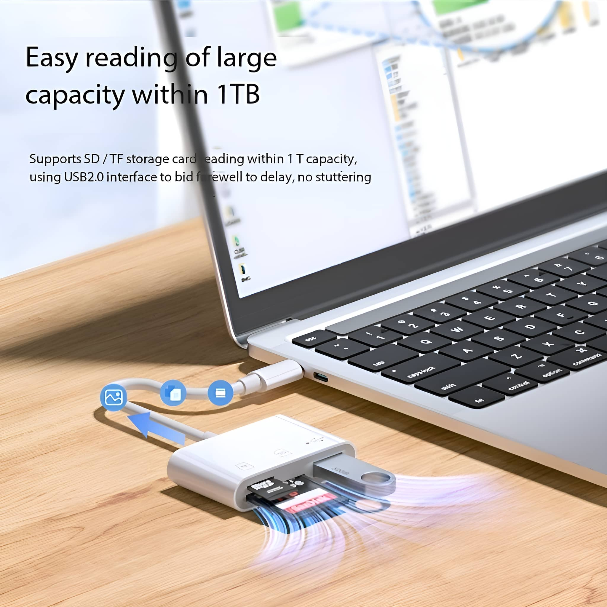 Laptop mit externem Kartenleser/USB-Hub, der mit ihm verbunden ist.