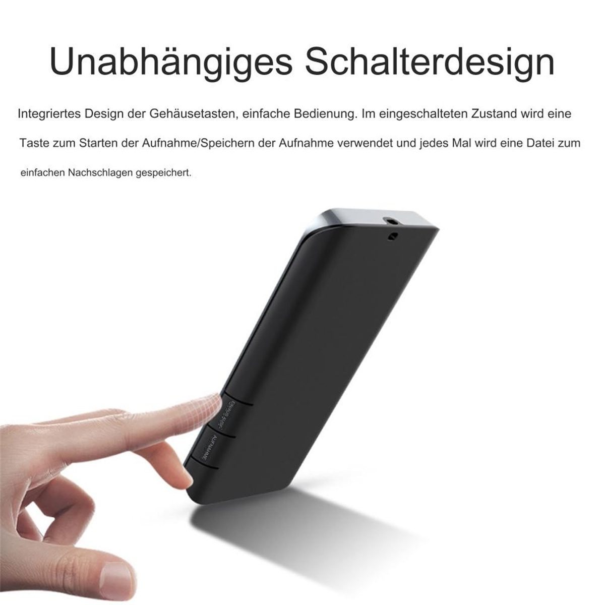 Schwarzer Audiorecorder mit Knöpfen. Ein Finger zeigt auf die Starttaste. Der Hintergrund ist schwarz.