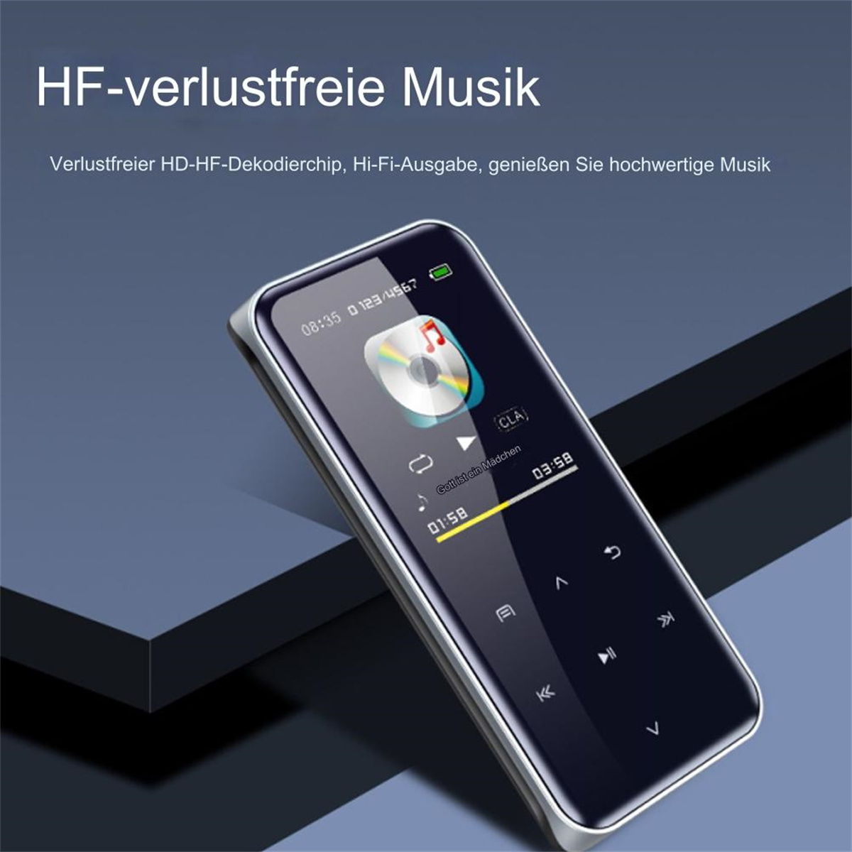 Ein Musikplayer, der einen Song anzeigt, mit einer Benutzeroberfläche, die Bedienelemente und eine Disc zeigt.