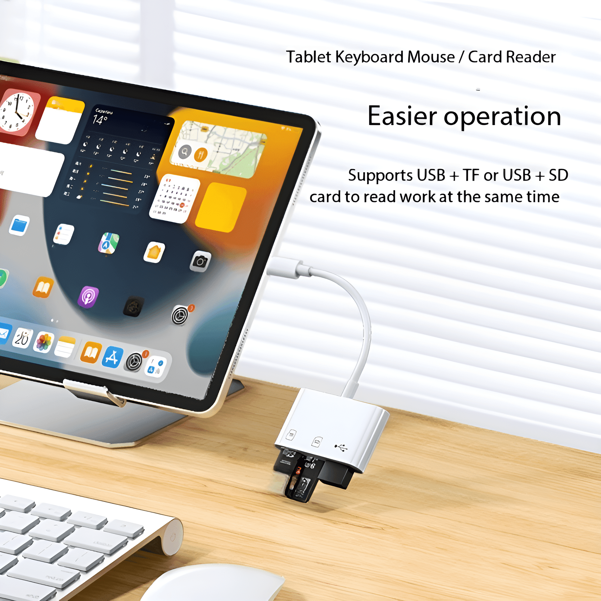 Tablet mit USB-Hub, Kartenleser und Maus auf Holzschreibtisch verbunden.