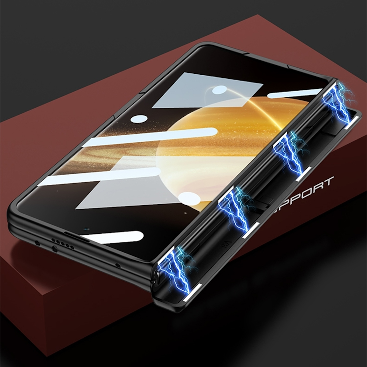 Schwarze Handyhülle mit transparentem Bildschirm und Magnetdesign, mit Blitz.