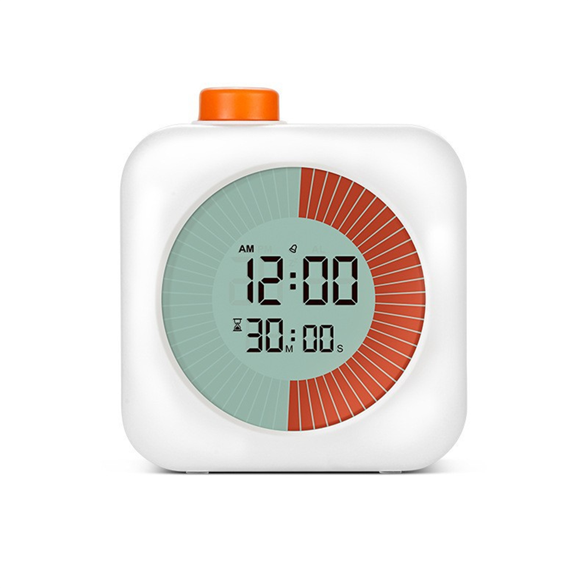 Weißer Timer mit orangefarbener Oberseite und digitaler Anzeige für Zeit und Countdown.