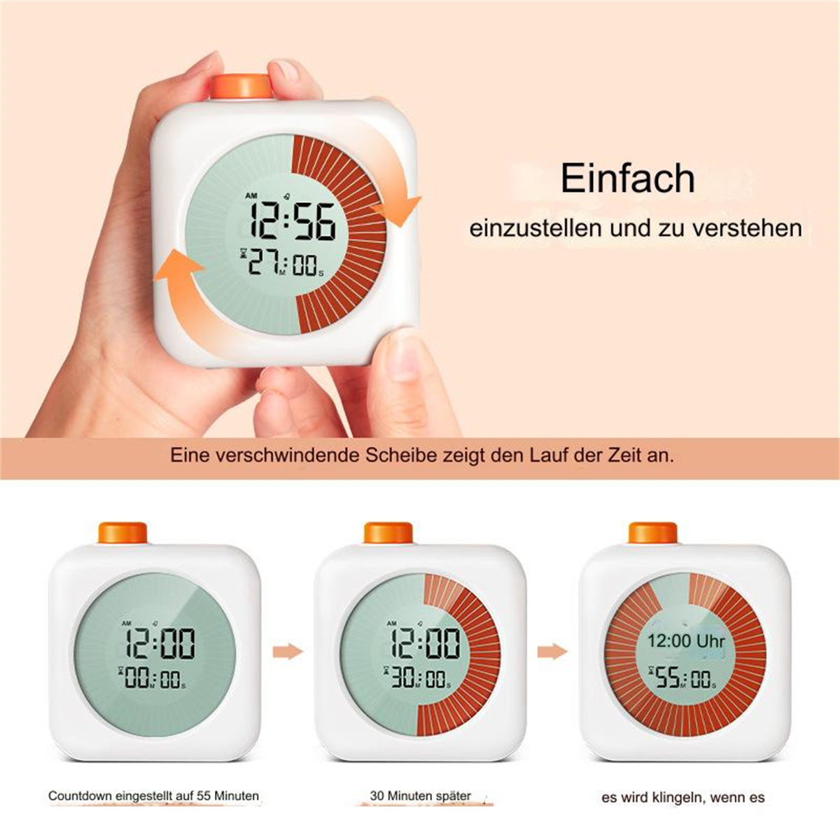 Ein weißer Timer mit orangefarbenen Akzenten und digitaler Anzeige. Er zeigt 12:56 Uhr und einen Countdown. Text ist auf Deutsch.