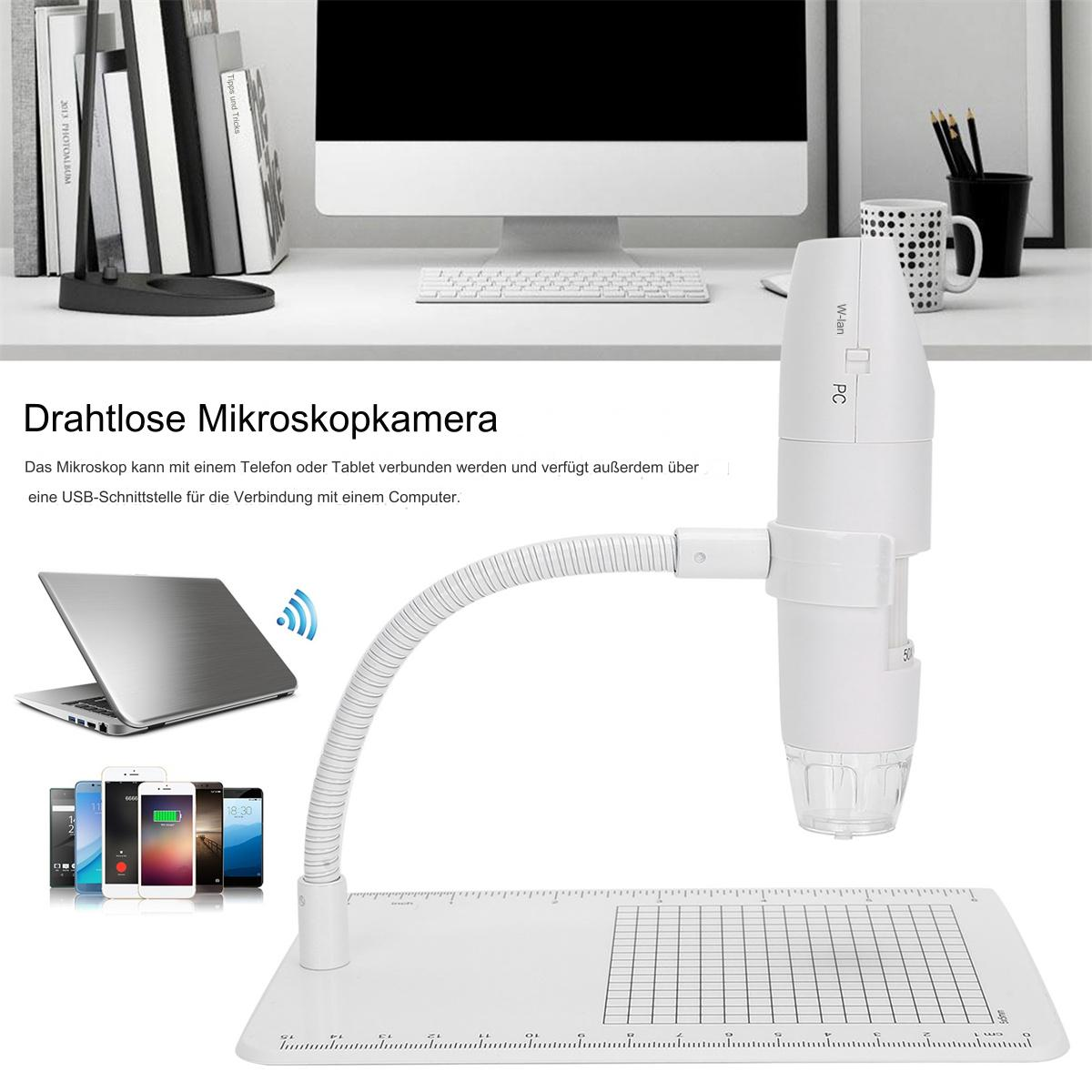 Mikroskop-Setup mit Laptop, Smartphones und Licht, verwendet für wissenschaftliche und technische Anwendungen.