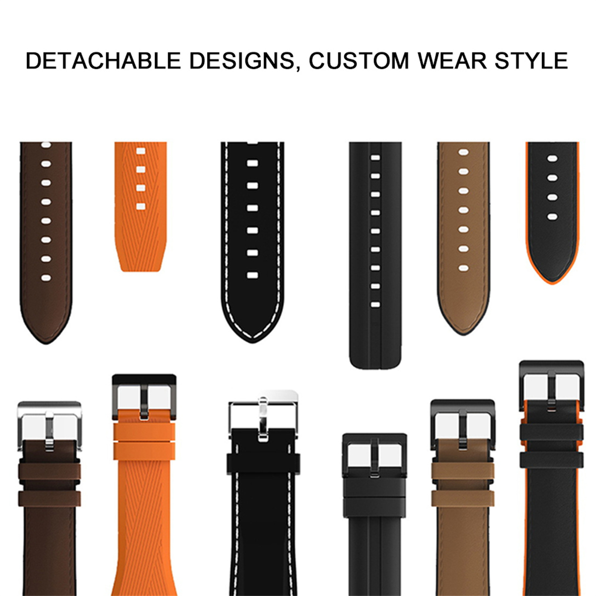 Sammlung von Uhrenarmbändern in verschiedenen Farben und Stilen, die abnehmbare Designs zeigen.