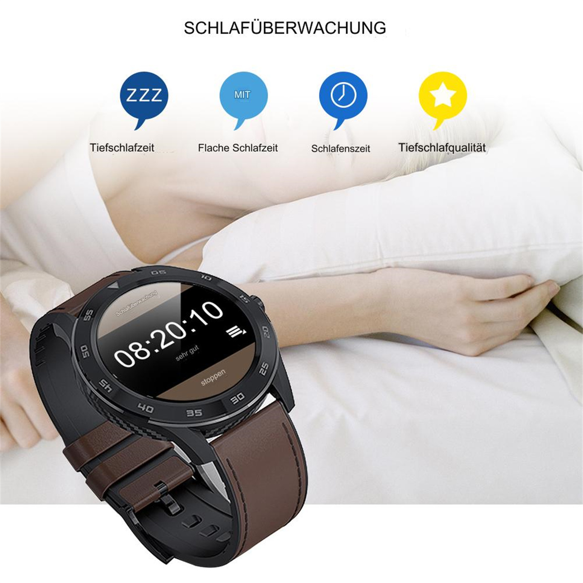 Smartwatch am Handgelenk. Funktionen zur Schlafüberwachung. Im Hintergrund schlafende Person.
