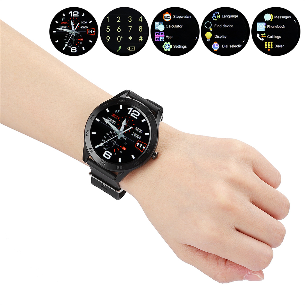 Eine Smartwatch am Handgelenk, die ein Ziffernblatt mit verschiedenen App-Symbolen anzeigt. Das Armband ist schwarz.