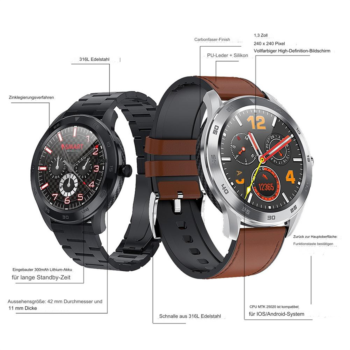 Zwei Smartwatches mit Beschriftungen. Eine ist schwarz, die andere hat ein braunes Armband. Beide zeigen die Zeit und ihre Funktionen.