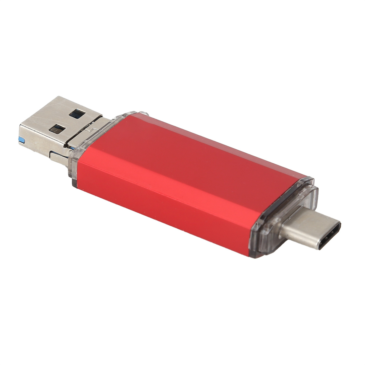 Ein roter USB-Stick mit einem USB- und einem USB-C-Anschluss.