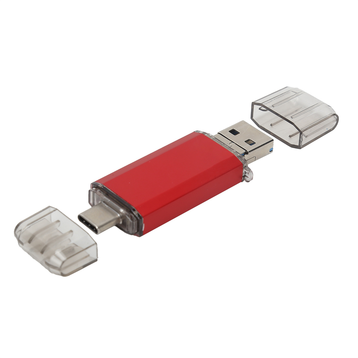 Roter USB-Stick mit zwei transparenten Kappen. Der Stick hat einen USB- und USB-C-Anschluss.