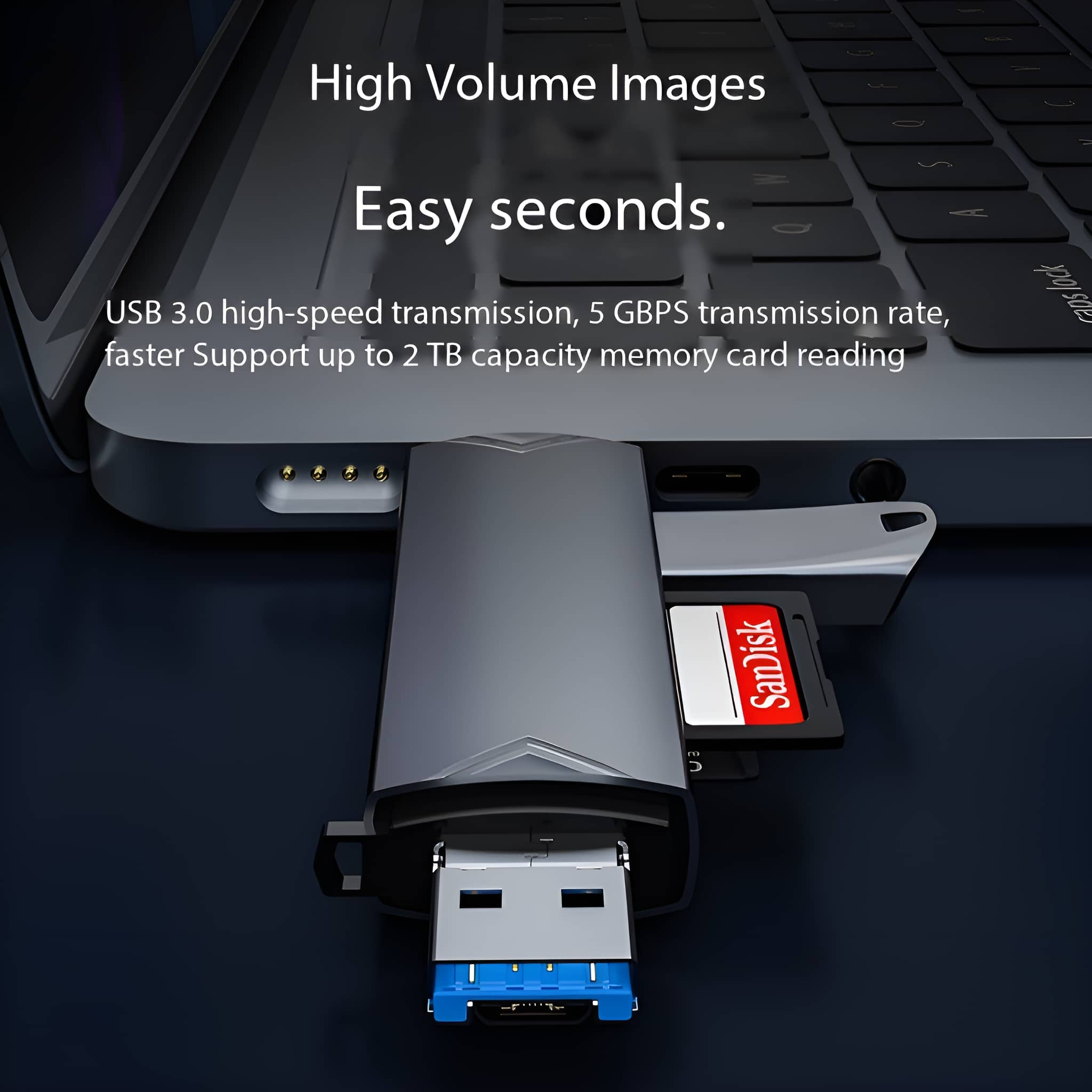 Ein USB 3.0 High-Speed-Speicherkartenleser mit eingelegter Speicherkarte. Der Hintergrund ist dunkel.