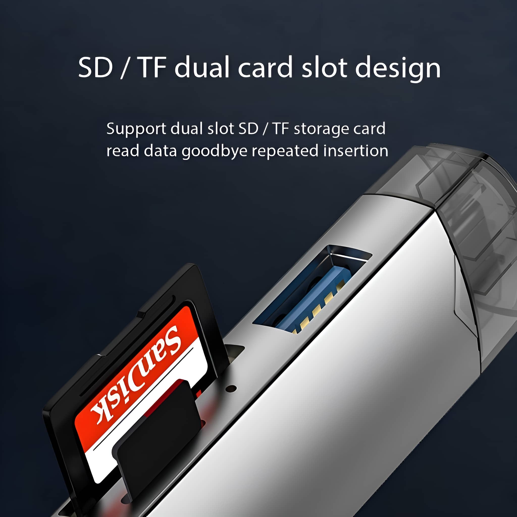 Eine SD-Karte wird in ein silbernes Gerät mit Text über Dual-Kartensteckplätze gesteckt.