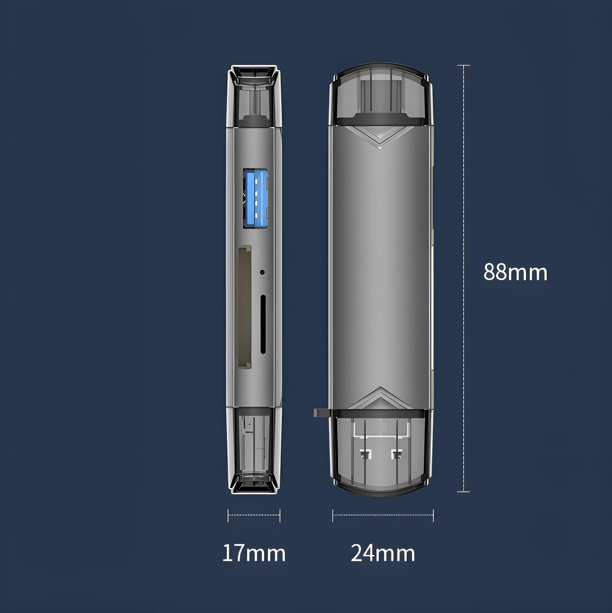 Zwei graue USB-Laufwerke, eine Seitenansicht, eine Draufsicht, mit Größenangaben.